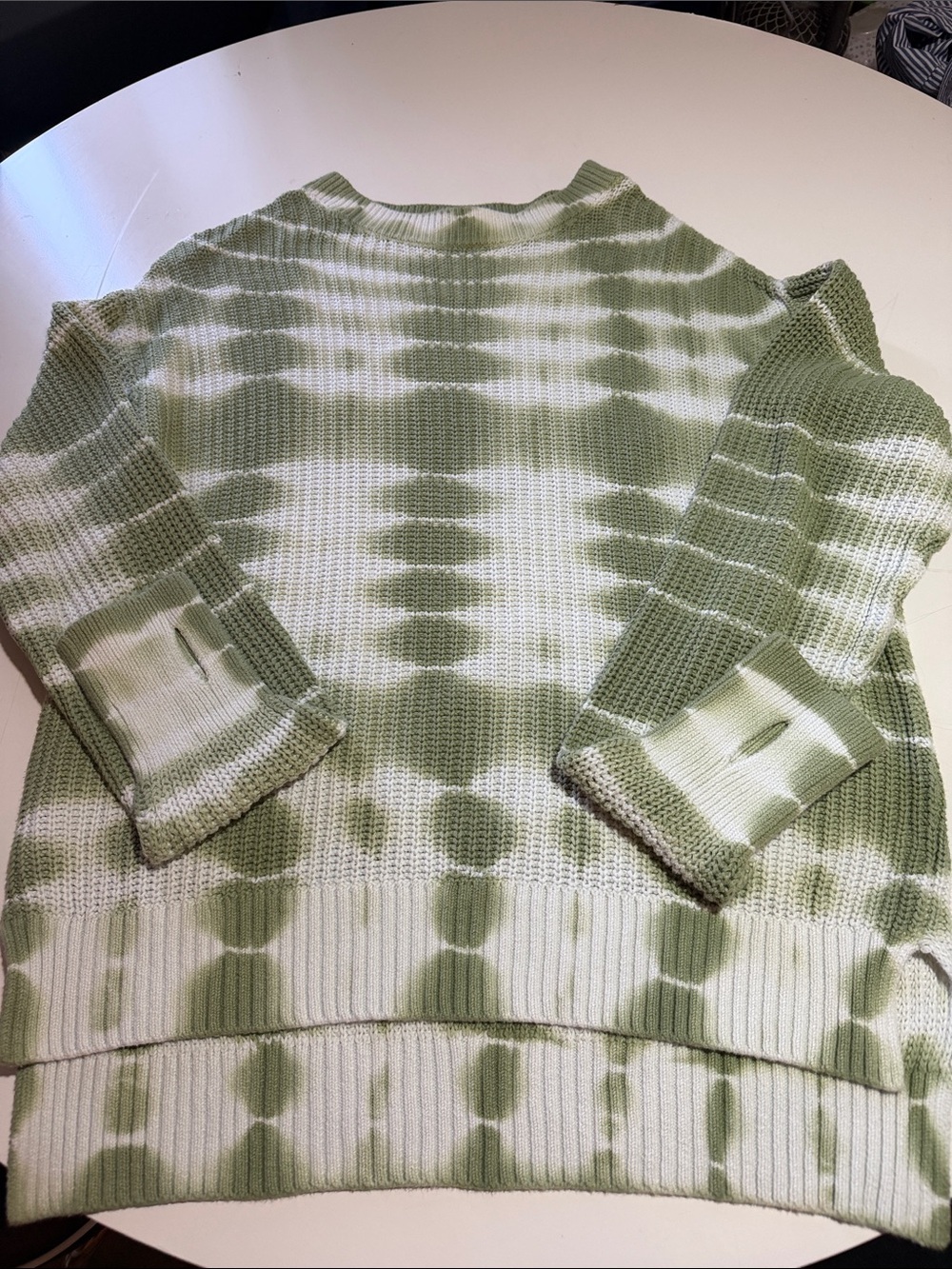 Time and Tru Green and White Tie-Dye Waffle Knit Crewneck Sweater